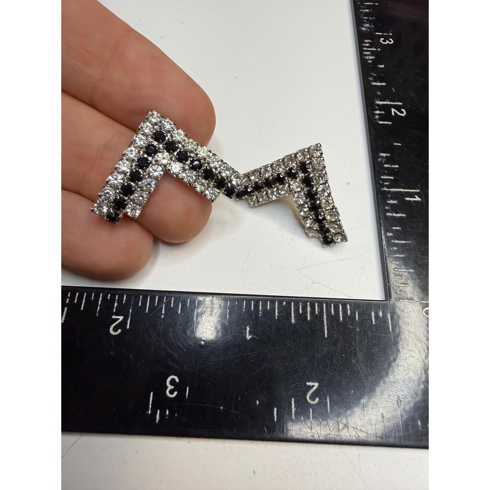 Vintage Silver Tone Black and Clear Rhinestone Chevron V Clip On Earrings